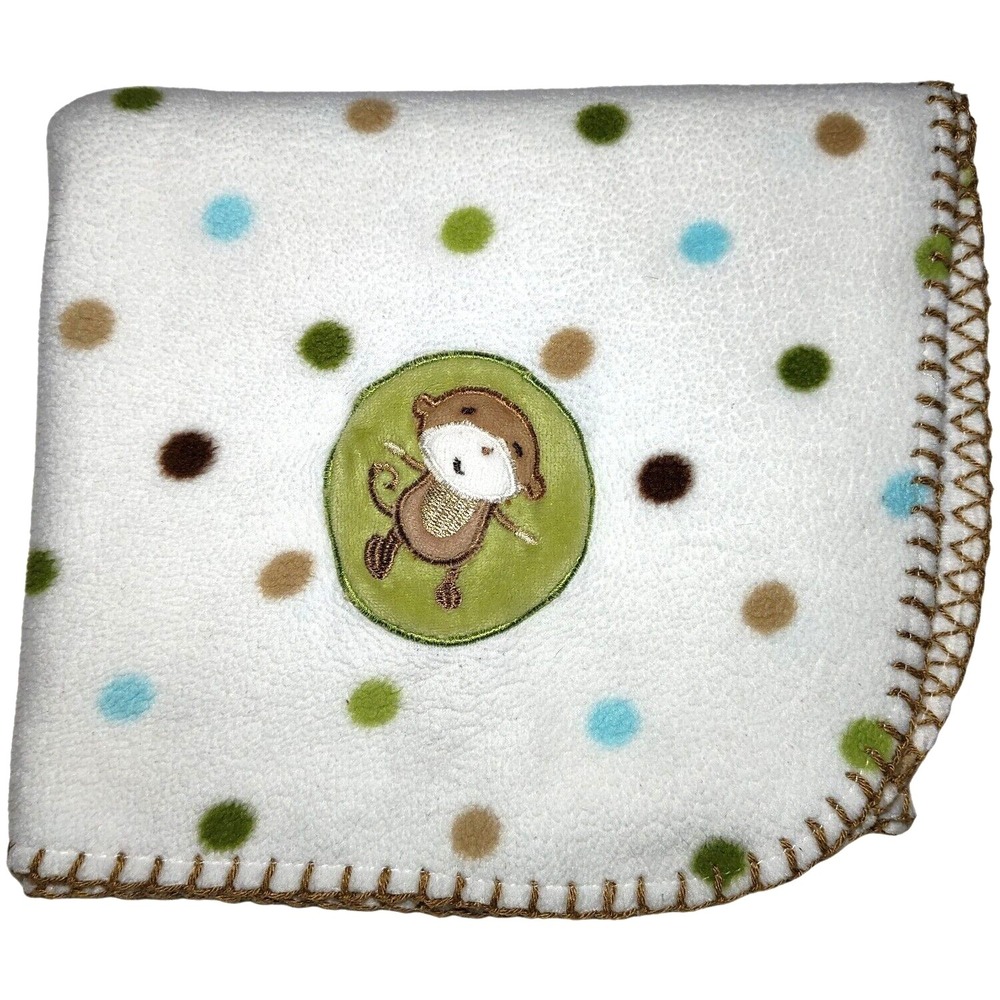 Just Born Baby Fleece Monkey Polka Dot Blanket‎ Beige Green htf  Blue Security